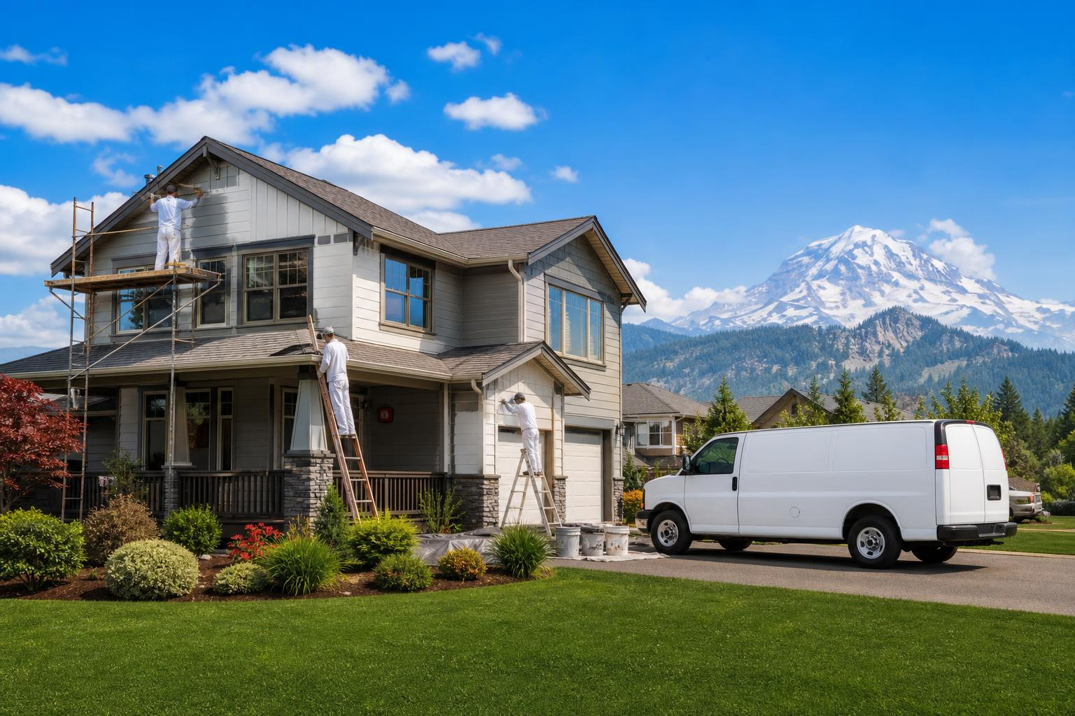 New Image Painting & Remodeling crew painting a two-story craftsman home with Mt. Rainier in the background